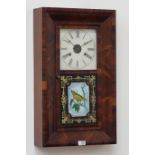 Early 20th century mahogany American wall clock with painted bird panel, W39cm,