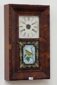 Early 20th century mahogany American wall clock with painted bird panel, W39cm,