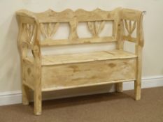 Painted and waxed pine bench fitted with hinged compartment, W118cm, H89cm,