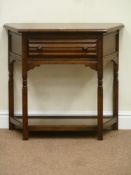 Reproduction medium oak shaped front side table fitted with single drawer and undertier, W80cm,