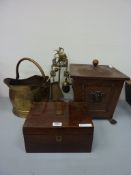 Beaten copper coal box H38cm, brass coal scuttle with companion set and poker,