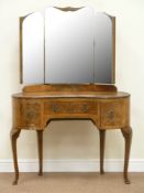 Reproduction walnut kidney shaped kneehole dressing table fitted with three drawers, W107cm, H158cm,