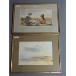Children Drawing, watercolour signed and dated '87 by Jon Peaty 21cm x 38cm; Coastal Landscape,
