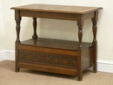 19th century oak two tier side table fitted with hinged compartment beneath,