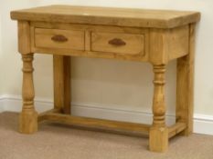 Rustic waxed pine two drawer dresser base on turned stretcher base, W109cm, H80cm,