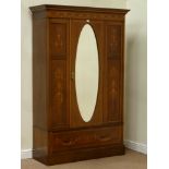 Edwardian inlaid mahogany single wardrobe with oval bevelled mirror, W131cm, H204cm,