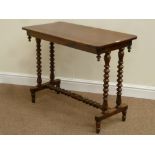 Victorian crossbanded walnut stretcher table on bobbin turned base, W90cm, D46cm,