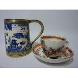 Mid 19th century Meissen cabinet cup and saucer and a Worcester Willow Pattern tankard with silver