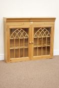 Pine two door wall hanging display cupboard enclosed by two glazed doors, W99cm, H84cm,