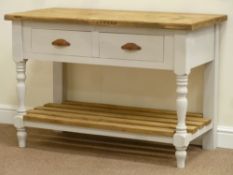 Reclaimed waxed pine two drawer dresser on painted pot board base, W114cm, H77cm,