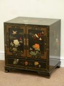 Chinese black lacquered side cabinet fitted with cupboard and single drawer,