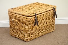 Wicker basket enclosed by hinged lid, with carry handles,