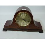 Edwardian inlaid mahogany chiming hat top mantle clock