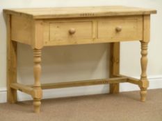 Reclaimed waxed pine two drawer dresser on turned base, W114cm, H77cm,