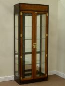 Chinese mahogany and elm, bevelled glass front display cabinet, decorative carved shou symbol,
