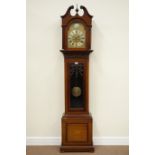 Edwardian mahogany satinwood inlaid longcase clock, brass dial signed Tempus Fugit,