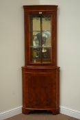 Yew wood corner display cabinet with mirrored interior enclosed by single glazed door, W65cm,