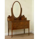 Edwardian inlaid mahogany dressing chest fitted with two short drawers and oval swing mirror,