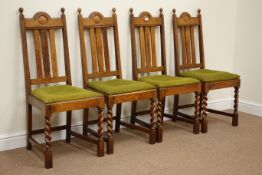 Denby & Spink set four 20th century oak dining chairs, fitted with upholstered drop in seats,