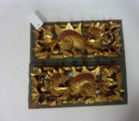 Pair late 19th/early 20th century Chinese carved wood Peranakan wedding bed panels each decorated