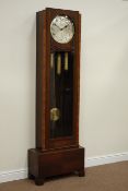 Art Deco period oak longcase clock, walnut banding to door with chequered veneer to base,