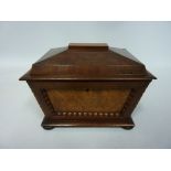 Regency period sarcophagus shape mahogany work box with rosewood banding and figured walnut panels