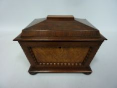 Regency period sarcophagus shape mahogany work box with rosewood banding and figured walnut panels