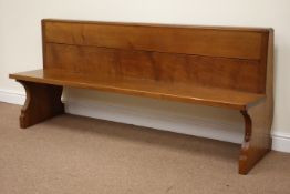 Yorkshire Oak - 'Mouseman' oak pew, plank seat with panelled back, carved fat mouse signature,