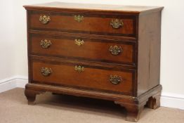 Early 19th century pine, oak and mahogany banded three drawer chest, raised on bracket feet, W111cm,
