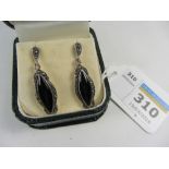 Pair of onyx and marcasite pendant ear-rings stamped 925