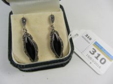 Pair of onyx and marcasite pendant ear-rings stamped 925