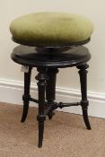 Victorian ebonised stool with adjustable corkscrew mechanism, green upholstered seat,