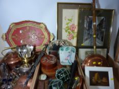 Victorian copper kettle, two chestnut roasting pans and other metalware, treen,