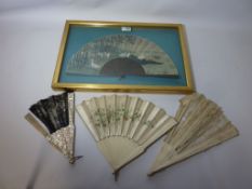 Vintage clothing/accessories - oriental fan hand painted with a scene of geese by a lake (framed