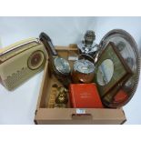 Oak cased barometer, retro Bush radio, oak and silver-plated biscuit barrel,
