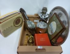 Oak cased barometer, retro Bush radio, oak and silver-plated biscuit barrel,