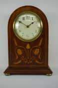 Edwardian inlaid mahogany dome top clock, H23cm,