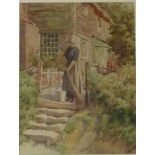 Woman Sweeping Cottage Garden Steps,