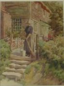 Woman Sweeping Cottage Garden Steps,