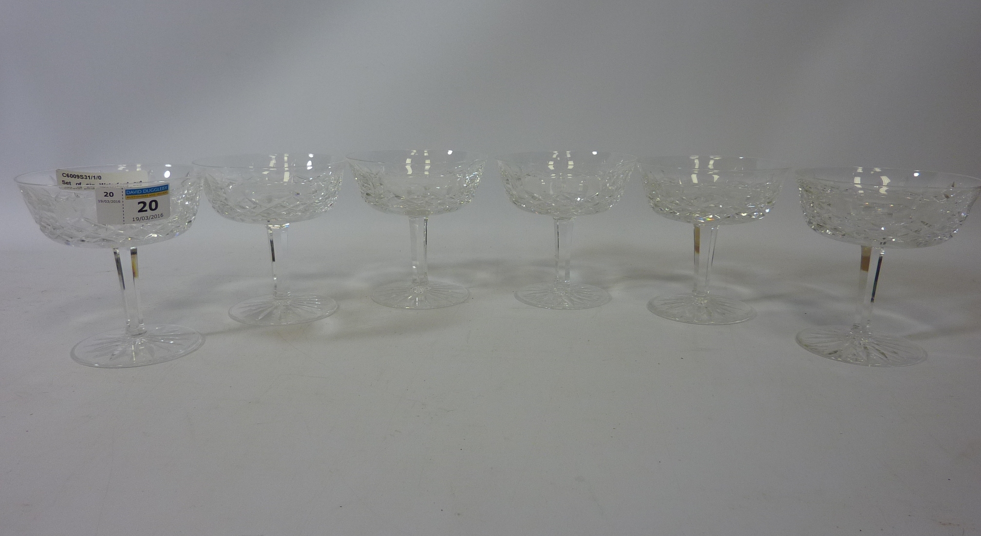 Set of six Waterford cut crystal pedestal glasses