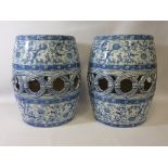 Pair 19th century Minton blue and white garden seats, date code for 1867 H45.