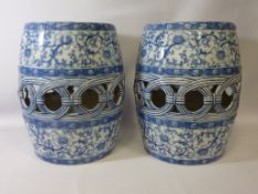 Pair 19th century Minton blue and white garden seats, date code for 1867 H45.