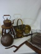 Victorian elm stool, copper warming pan, Victorian copper kettle, brass trivet, dish , coal bucket,