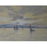 Boats in the Bay at Sunset, gouache signed and dated by Mary D Dakin 1925,