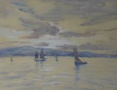 Boats in the Bay at Sunset, gouache signed and dated by Mary D Dakin 1925,