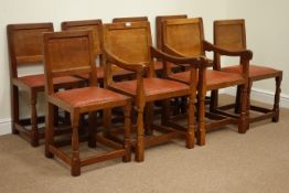 Yorkshire Oak - Set eight (6+2) 'Mouseman' oak dining chairs, adzed panelled backs,