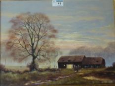 Farmstead at Sunset, autumnal oil on canvas signed by Arthur Lockie (1948-),