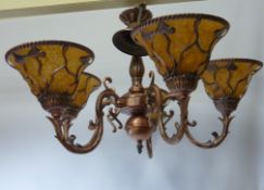 Art Nouveau style five branch centre light fitting with amber glass shades H50cm approx.