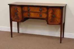 Reproduction Regency style inlaid mahogany shaped font sideboard, W130cm, H84cm,