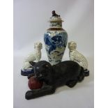 Oriental vase H31cm, pair Staffordshire Dalmatian dog ornaments, and a Bretby cat,